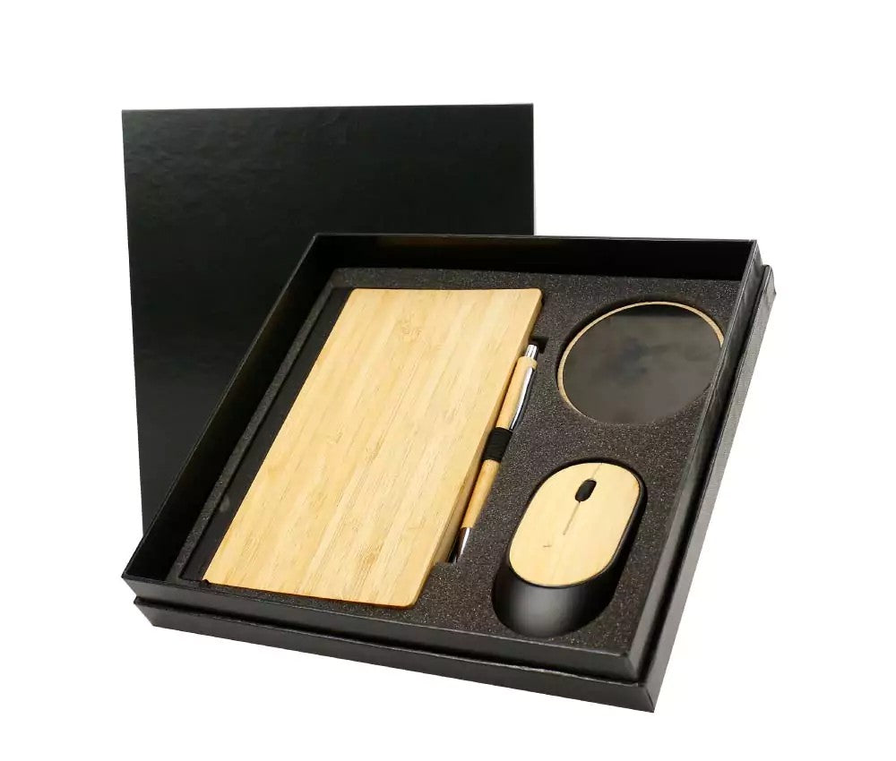 Bamboo Material Gift Sets Notebooks,Pens,Wireless Charger,Mouse