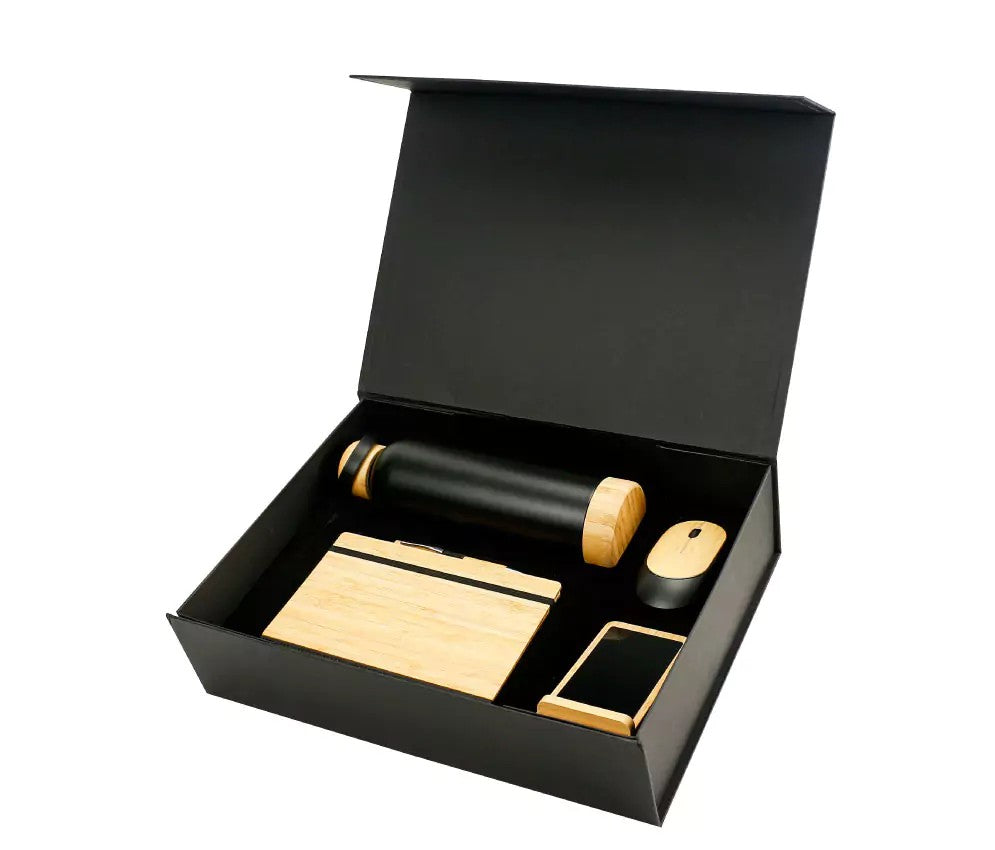 Bamboo Gift Sets Notebook,Pens,Mouse,Bottles,Fast Wireless Charger
