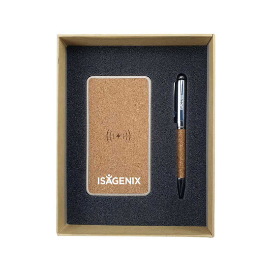 Eco-Friendly Cork Gift Sets Wireless Powerbank, Metal Pen