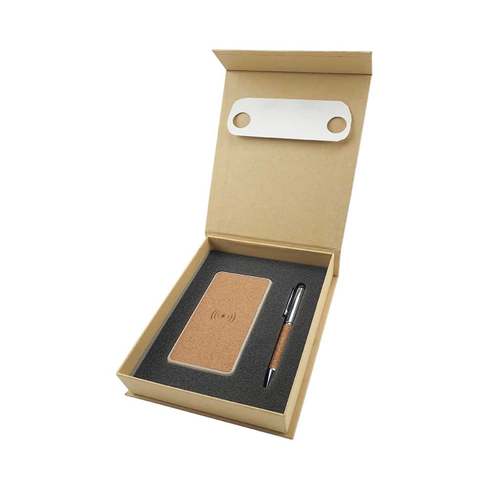 Eco-Friendly Cork Gift Sets Wireless Powerbank, Metal Pen