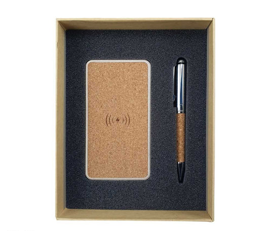 Eco-Friendly Cork Gift Sets Wireless Powerbank, Metal Pen